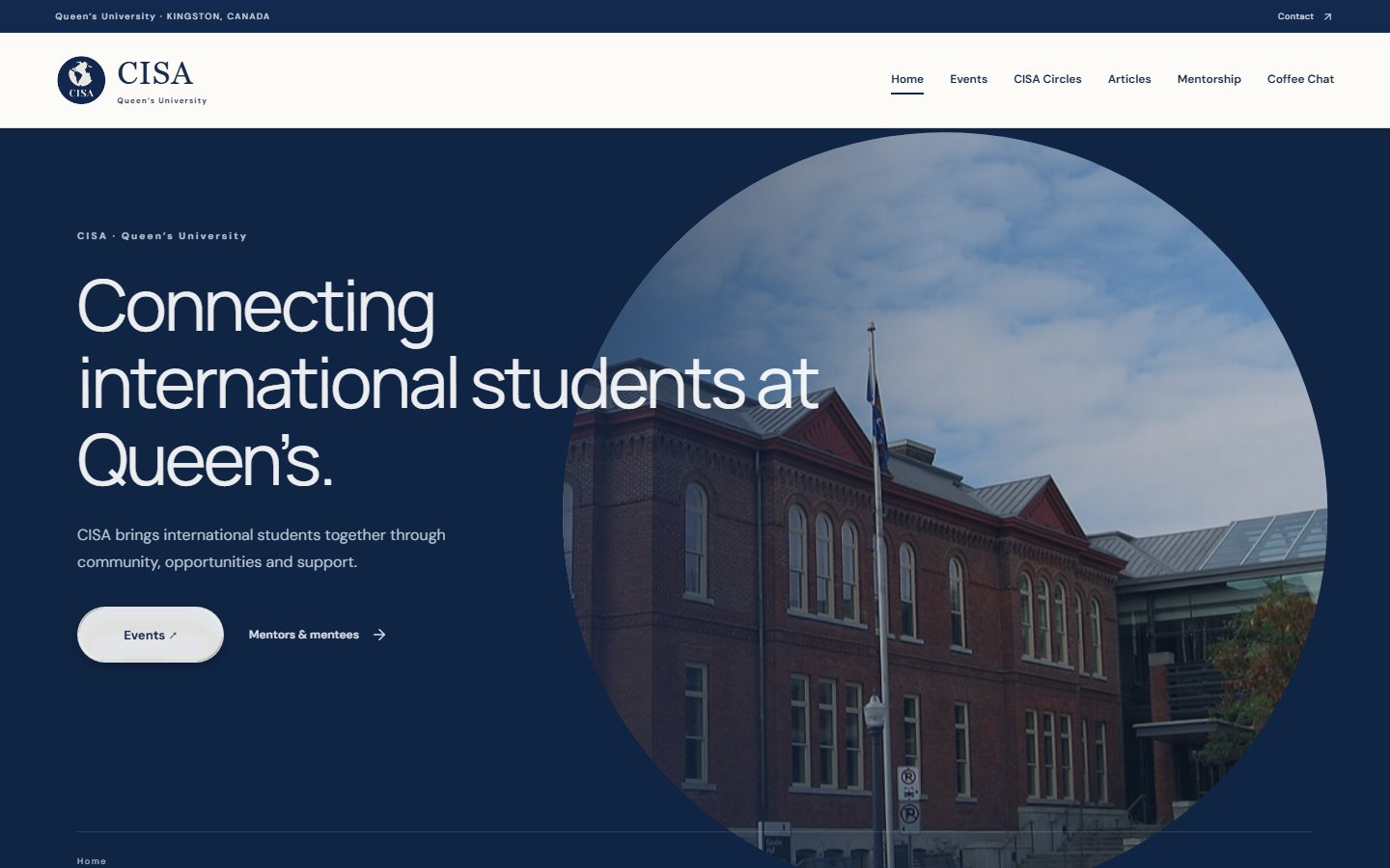 CISA Club website homepage at Queen’s University